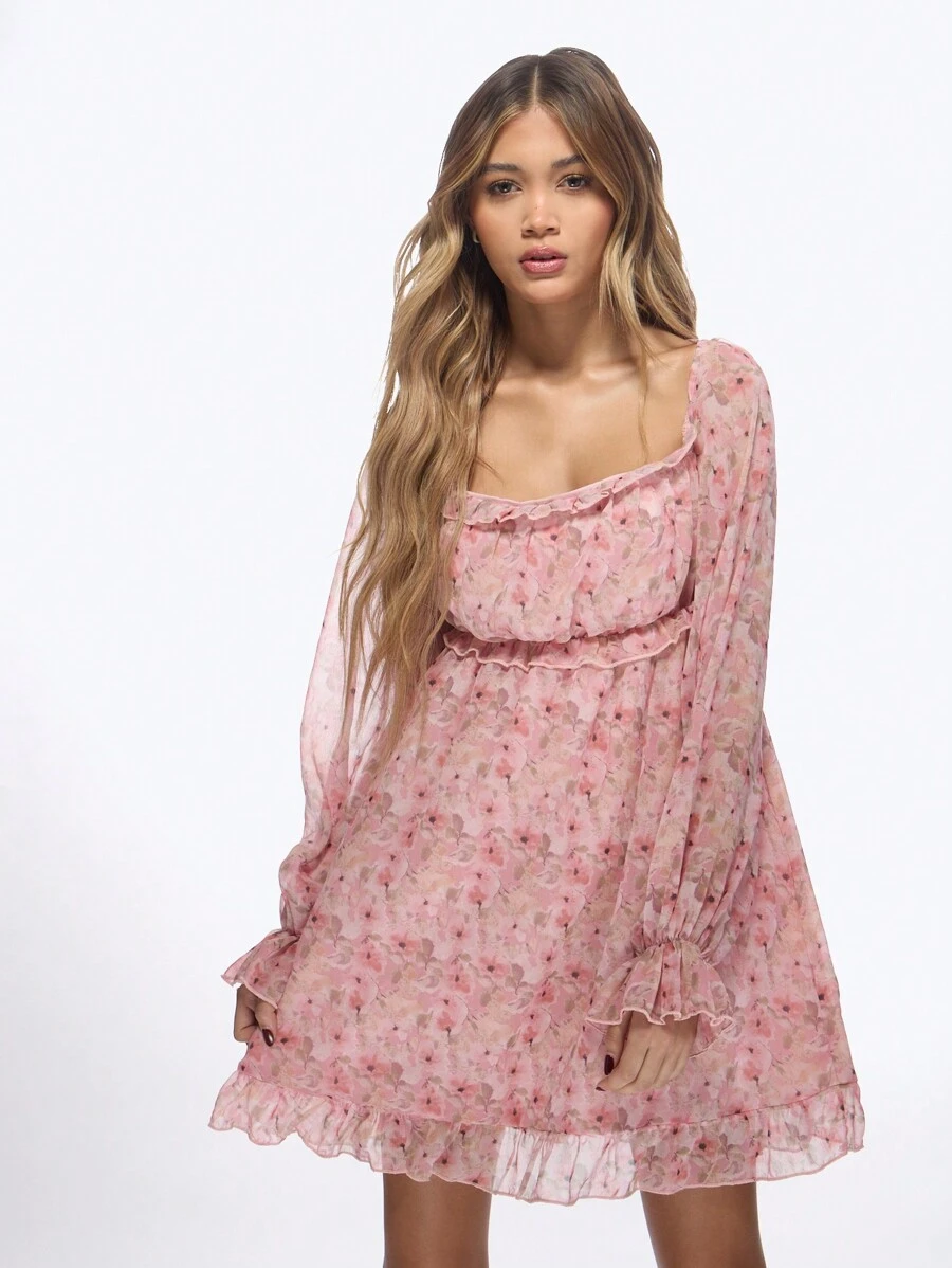 MISSGUIDED Milkmaid Mini Dress Floral Chiffon Long Sleeve Ruffle Hem Spring Wedding Guest Party Empire Waist Dreamy Flowy Special Occasion - Baby Pink - View 1