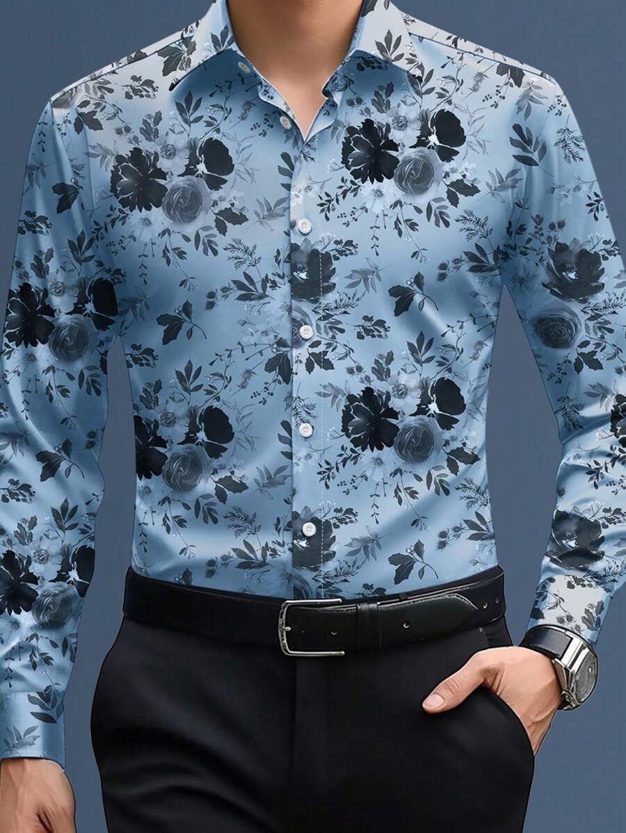 Manfinity Homme Men's Long Sleeve Floral Allover Print Front Button Up Casual Shirt