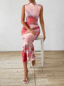 Chiquease Vestido largo elegante de mujer con estampado de teñido anudado, cuello de pie, plisado y silueta esbelta para el verano - Rosa - Ver 5