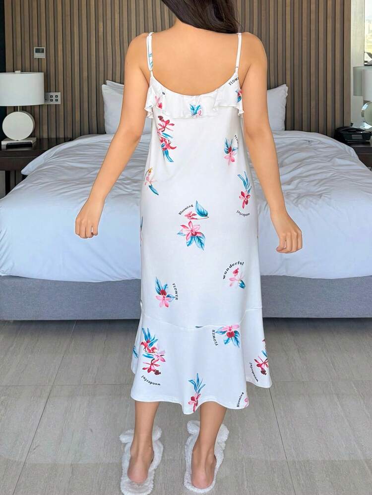 Floral Print Ruffle Hem Slip Dress For Women Pajama
