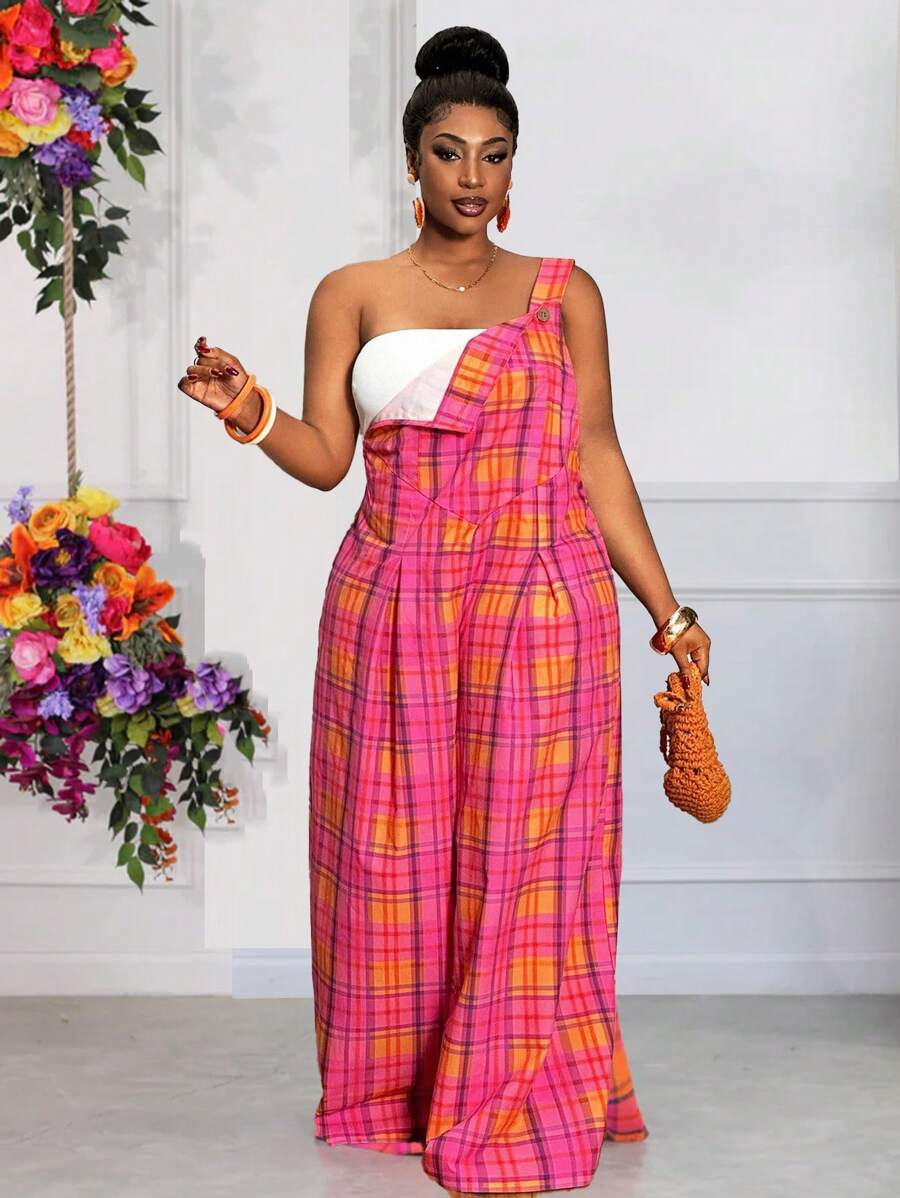 Slaydiva Plus Size Women's Summer Casual & Cute Wide Leg Jumpsuit, Suitable For Outing, Daily Wear & Romantic Occasions - Hot Pink - View 1