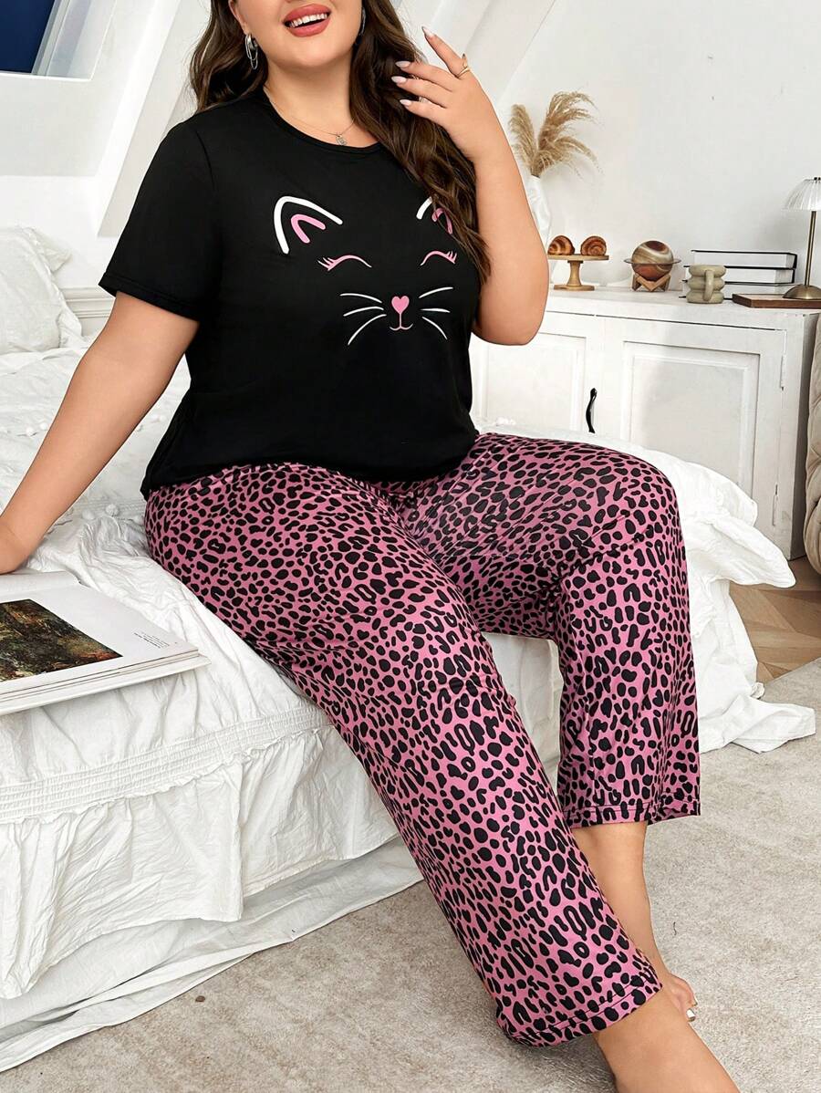 Plus Size Cat & Leopard Print Pajama Set, Adorable - Multicolor - View 1