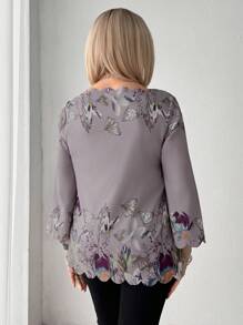 SHEIN LUNE Women's Elegant Lace Collar Positioned Pattern Print Long Sleeve Shirt - Multicolor - View 2