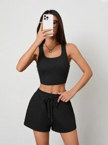SHEIN PETITE Knitted Solid Color Vest And Elastic Shorts Set - Black - View 6