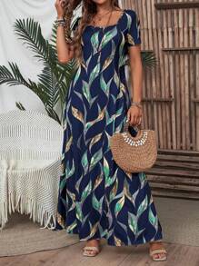 EMERY ROSE Plus Size Women Blue Floral Print Short Sleeve Square Neck Maxi Dresses,Vacation Dresses ,Women Summer Dresses