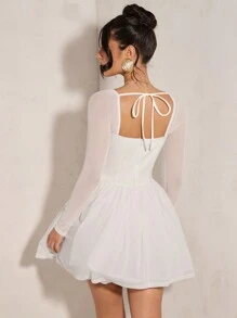 SHEIN BAE 女士圣诞派对鸡尾酒会礼服，长袖前褶皱修身喇叭裙，优雅女士短裙，酒红色连衣裙适合浪漫约会、节日派对、正式场合 - 白色 - 查看 2