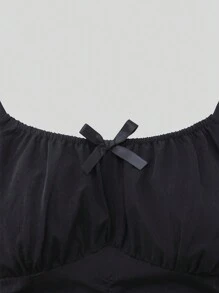 SHEIN Wildeya French Black Square Neck Fitted Short Sleeve T-Shirt For Teen Girls, Summer Ruched Cropped Puff Sleeve Top, & Elegant For Weddings, Wedding Guests