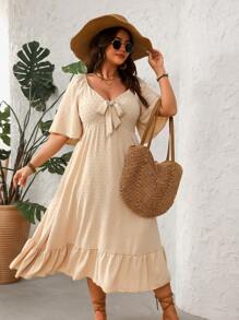 Breezaya Plus Size Cutout Flare Hem Short Sleeve Dress - Apricot - View 3