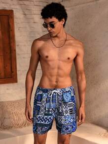 Manfinity VDAYZ Men's Geometric Print Drawstring Waist Pockets Beach Shorts (Asymmetric Print) - Blue - View 4