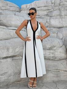 Breezaya Women's Color Block Deep V Neck Sleeveless Casual A Line Dress - White - View 7