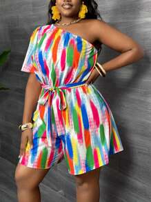 Slaydiva Plus Size Women Asymmetric Shoulder Colorful Waist Drawstring Jumpsuit - Multicolor - View 4