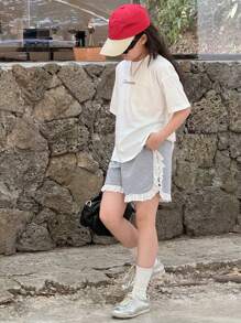 DAZY 2pcs/Set Tween Girls' Casual Letter Printed Short Sleeve Top And Shorts Set,Girls Summer Outfits,Back To School Clothes - White - View 7