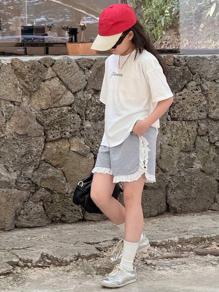 2pcs/Set Tween Girls' Casual Letter Printed Short Sleeve Top And Shorts Set,Girls Summer Outfits,Back To School Clothes