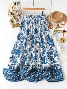 SHEIN LUNE Plus Size Women Casual Patterned Hem Mid-Length Skirt Summer Outfits For Women Boho Skirt