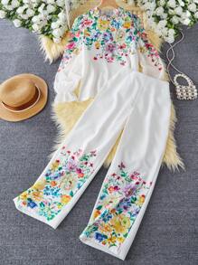 2pcs/Set Teen Girl Floral Print Frill Trim Long Sleeve Shirt And Pants Set