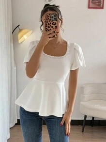 Chiquease Women's Solid Crew Neck Beaded Waist Ruffle Hem Elegant T-Shirt - White - View 5