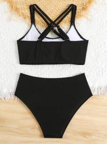 SHEIN Teen Girls' Solid Criss-Cross Back Casual Bikini Set, Suitable For Beach & Vacation