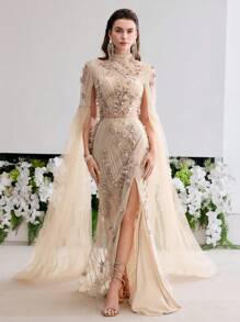 MOTF Soiréza ELEGANTE VESTIDO DE GALA DE NOCHE CON MANGAS EXTRA LARGAS, APLICACIONES FLORALES, ABERTURA EN EL MUSLO Y APLICACIONES DE CUENTAS