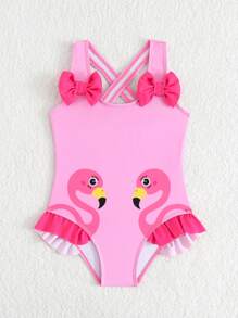 Young Girl Flamingo Print Ruffled One-Piece Swimsuit, Cute One-Piece Bathing Suit - Pink - View 5