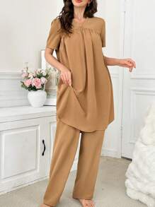 2pcs/Set Women Solid V-Neck Short Sleeve Sleepwear Top And Pants Pajama Set