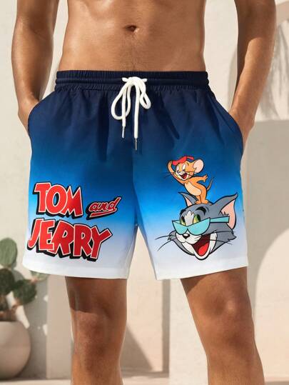 TOM & JERRY X SHEIN Herrshorts med dragsko i midjan och tonade tecknade mönster, blå, för sommarsemester, Hawaii