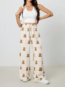 SHEIN Tall Women's Plaid Cartoon Bear Print Drawstring Waist Wide Leg Casual Pants - Apricot - View 6