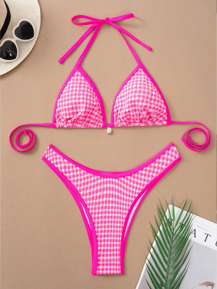 SHEIN Swim Springbreak New Women 2 Pieces Summer Beach Vacation Style Pink Plaid Bikini Set, Halter Top, Tie-Front & Low Waist Bottom - Multicolor - View 1