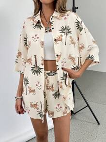 SHEIN Essnce 2 件套女士度假棕榈树印花短袖衬衫和短裤 - 彩色 - 查看 3