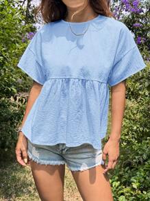 SHEIN EZwear Summer Casual Solid Color Short Sleeve Shirt - Blue - View 4
