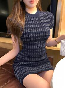 DAZY 女士菱形纹理紧身针织连衣裙女士毛衣连衣裙格子 - 藏蓝色 - 查看 10