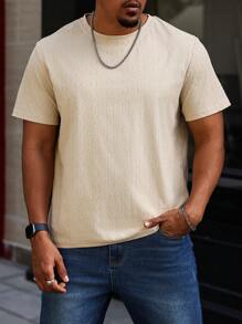 Manfinity Homme Plus Size Men's Casual Solid Color Textured Short Sleeve T-Shirt - Apricot - View 1