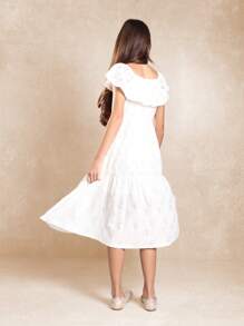 SUMWON Summer Eyelet Lace Tiered Prairie Midi Dress With Ruffle Overlay Empire Waist Sundress For Tween Girls Special Occasion Wedding Guest Easter Spring - White - View 2