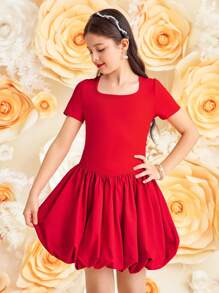 Tween Girls' Casual Patchwork Round Neck Short Sleeve A-Line Dress