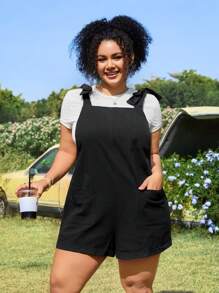 SHEIN EZwear Women Plus Size Black Solid Color Pocket Romper