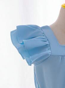 SHEIN 年轻女孩 2 件套：编织纯色领褶边衬衫 + 编织网眼裙，适合婚礼花童的优雅装扮 - 藍色 - 查看 6