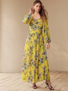 MOTF PREMIUM 花卉印花褶饰连衣裙 - 黃色 - 查看 8