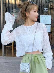 FRIFUL 女式白色短款上衣，纹理面料，前开衩，节日氛围，夏季长袖女式上衣，秋季女装 - 白色 - 查看 3