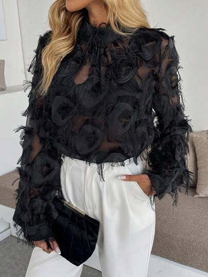 Rafferiza Women's Fashionable Black Fuzzy Long Sleeve Shirt Fall Cloth For Women