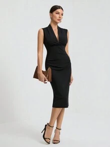 SHEIN Tall Women's Solid Color Pleated Fitted Elegant Sleeveless Dress,Business Casual Woman - Black - View 3