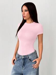 SHEIN PETITE Bộ đồ liền thân dệt kim màu trơn cổ tròn tay ngắn cho nữ - Màu Hồng baby - Xem 3