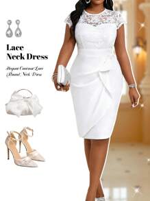 Fleurora 春夏秋冬休闲优雅婚礼白色针织蕾丝圆领铅笔中长短袖大码连衣裙 - 白色 - 查看 2