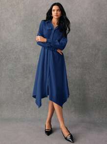 Poéselle 女裝純色卷起袖口扣前襯衫連身裙，適用於春夏季節 - 藏蓝色 - 查看 6