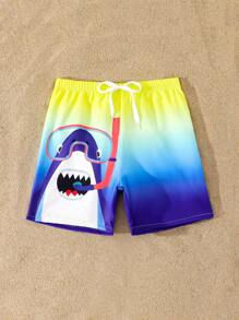 Young Boy Cartoon Shark Print Swimming Trunks,Elastic Waist Beach Shorts