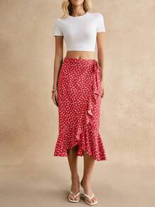 Poéselle Ditsy Floral Print Ruffle Trim Tie Side Skirt - Red - View 2