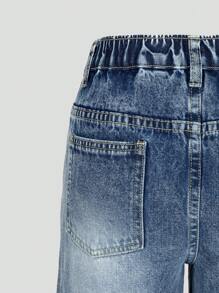 SHEIN Tween Girls Y2K Style All-Match Versatile New Mid-Blue Elastic Waist Zipper Fly Classic Loose Fit Washed Denim Jeans - Medium Wash - View 4