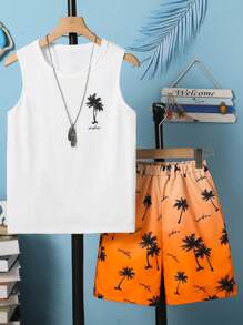 2pcs/Set Tween Boy White T-Shirt & Orange Ombre Shorts, Casual Summer Outfits, School, Campus, College - Orange - View 1