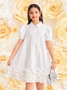 SHEIN 青少年女孩宽松休闲简约马球领 A 字形荷叶边泡泡袖迷你连衣裙