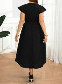 EMERY ROSE Plus Size Women Casual Solid Black Waist Cinched V-Neck Dress,Elegant Dress,Vacation Outfits Woman,Dresses For Women Summer,Casual Everyday Wear