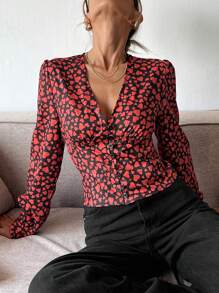 SHEIN Frenchy Women's Heart Print Long Sleeve Slim Fit Fashion Shirt,Romantic And Elegant Valentine's Day, Black, Red And Black, Heart-Printed Shirt, Puff Sleeves, Waist, Breast Cup, Elegant Spring/Summer Winter Casual - Multicolor - View 6