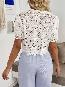 Pariaura Ladies Lace Hollow Embroidered Short Sleeve Blouse, Elegant And Charming - White - View 2